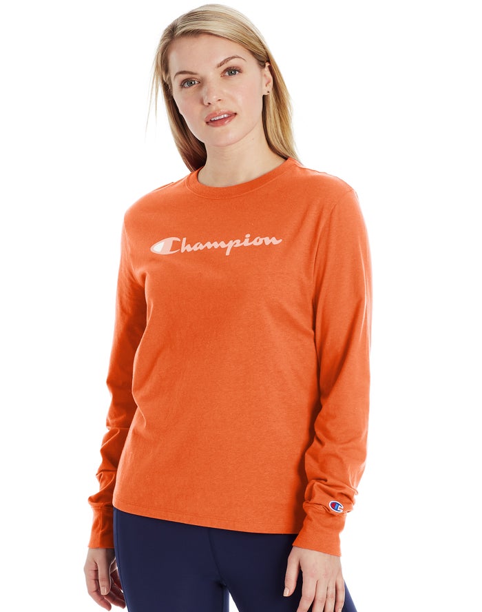 Champion Classic Long-Sleeve Script Logo - Naisten Oranssi T-Paita - Suomi 0734261-XC